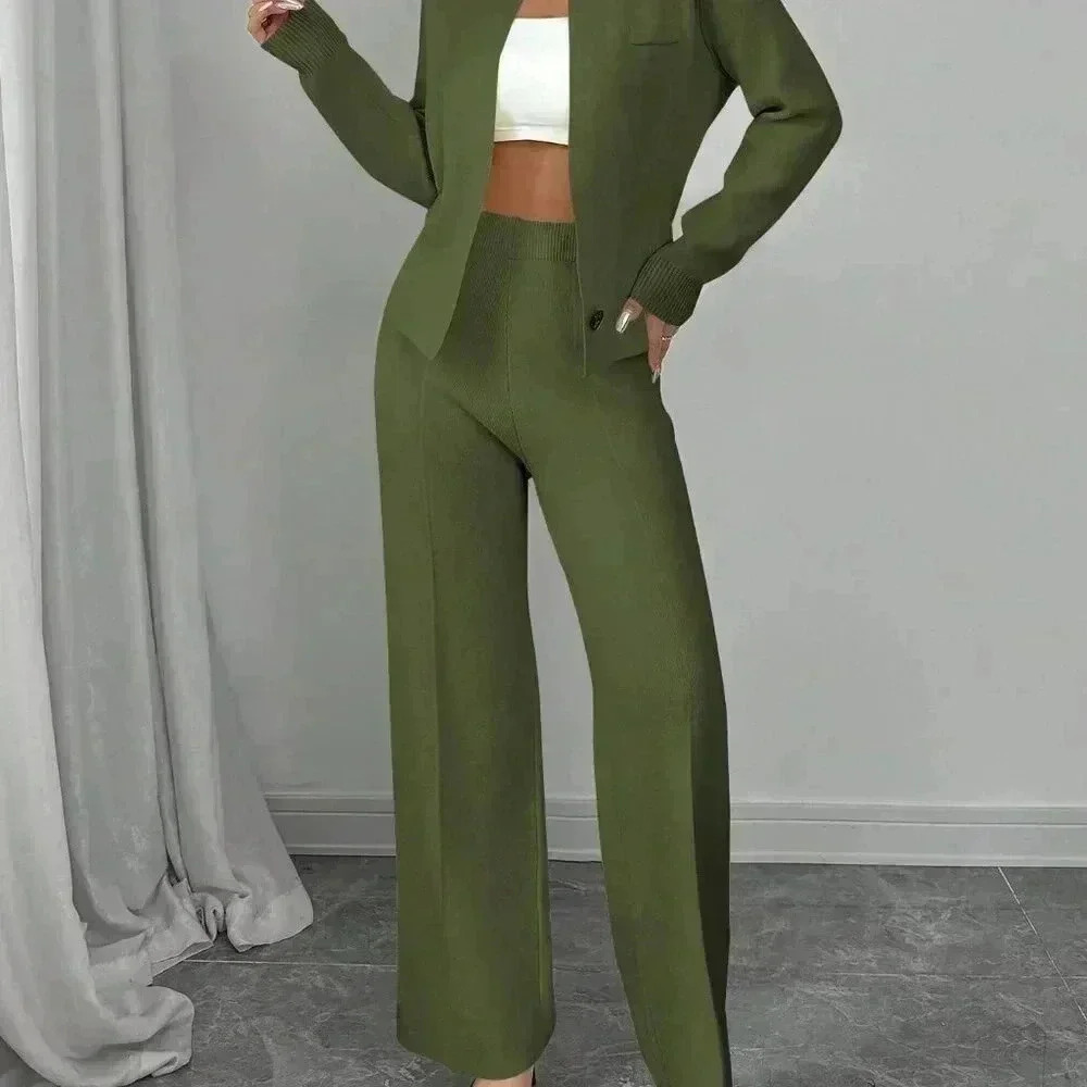 Green Elegant Women's Loose Long Sleeve Crew Neck  Knit Sweater & Suit Pants Set - Picture 5 of 8